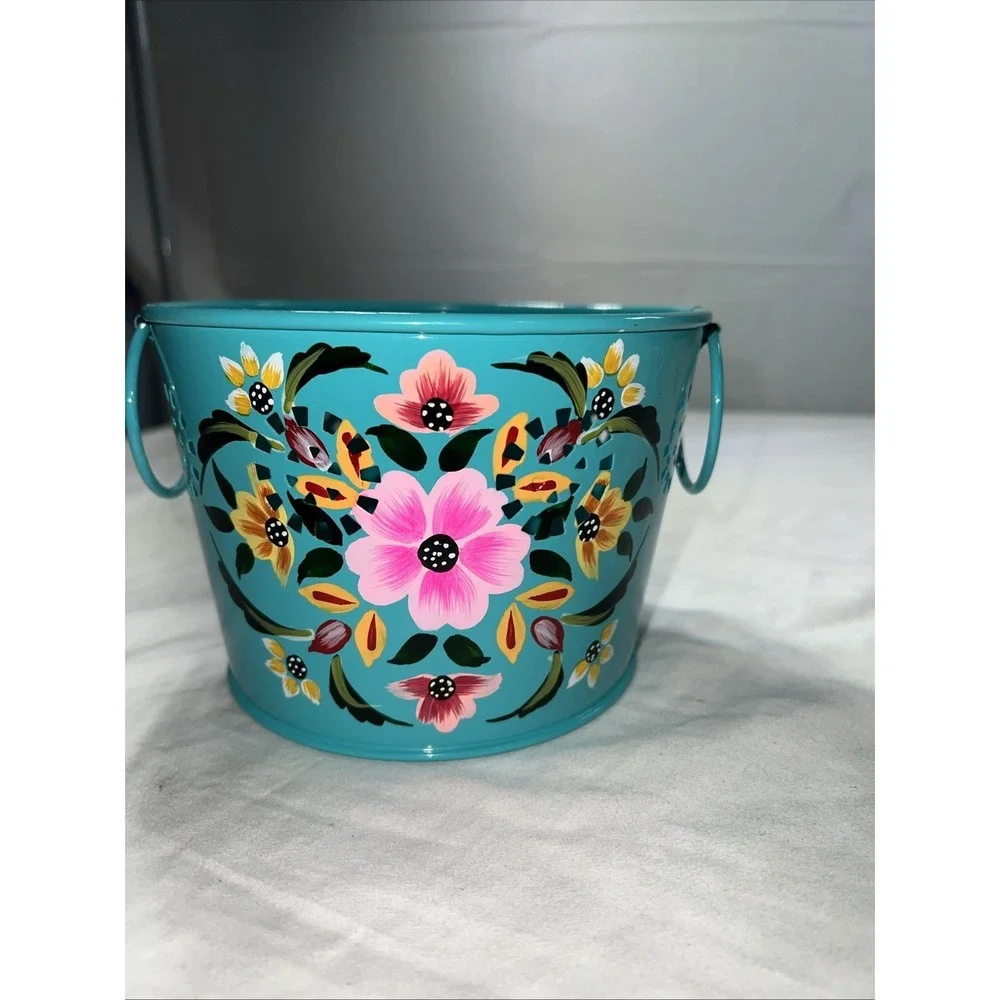 Hand painted Metal Teal Bucket
